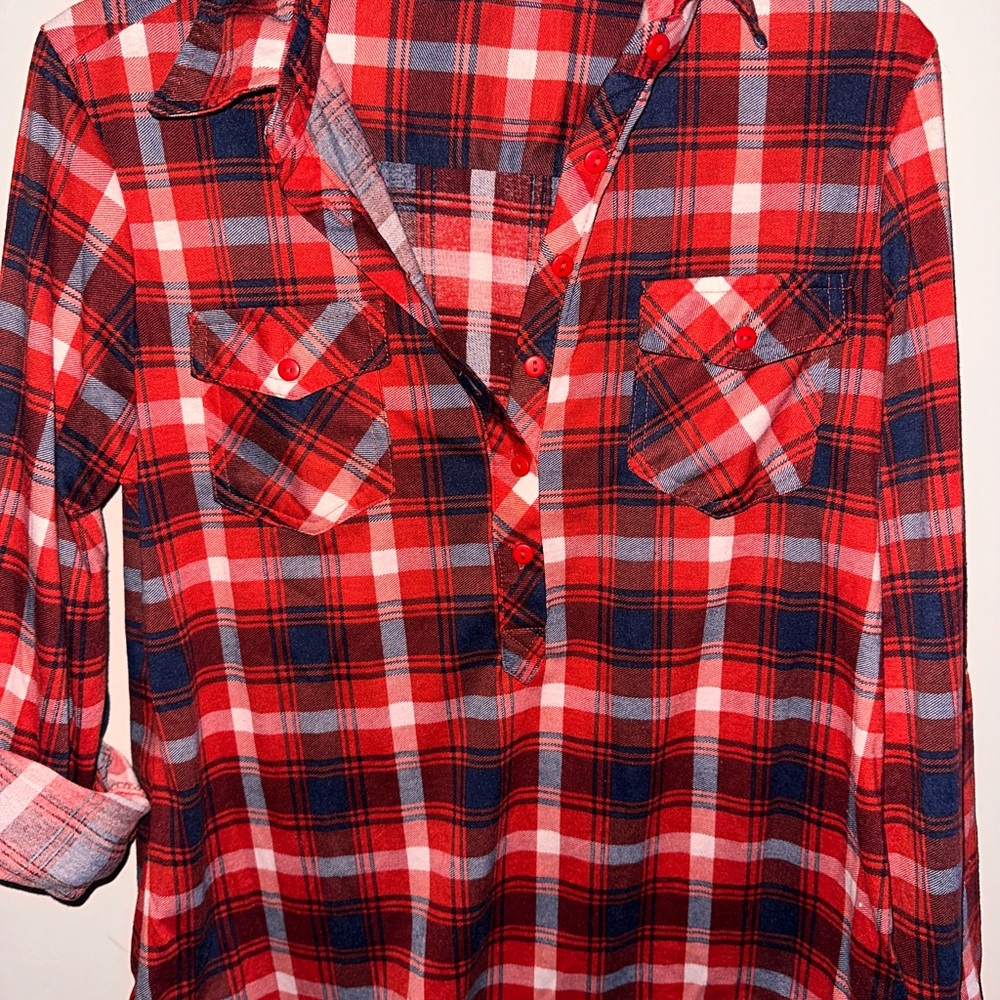 Ladies Red, White and Navy Plaid Flannel Sixed Medium by Love Potion